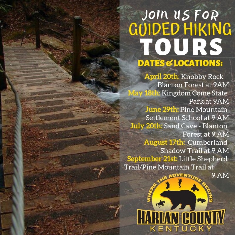 Guided Hiking Tour at Sand Cave in Camp Blanton Join us in 2019 for guided hiking tours! This July we are hiking to Sand Cave in Camp Blanton! Be sure to sign up for the hikes early as we will only be accommodating about 20 participants per hike! By signing up to hike, you not only will get to have an amazing experience in the pristine mountains of Harlan County but you will also get a limited edition tee shirt that will only be available to those hikers! To sign up, call the Harlan Center at 606.573.4495. All hikes will be at 9AM.