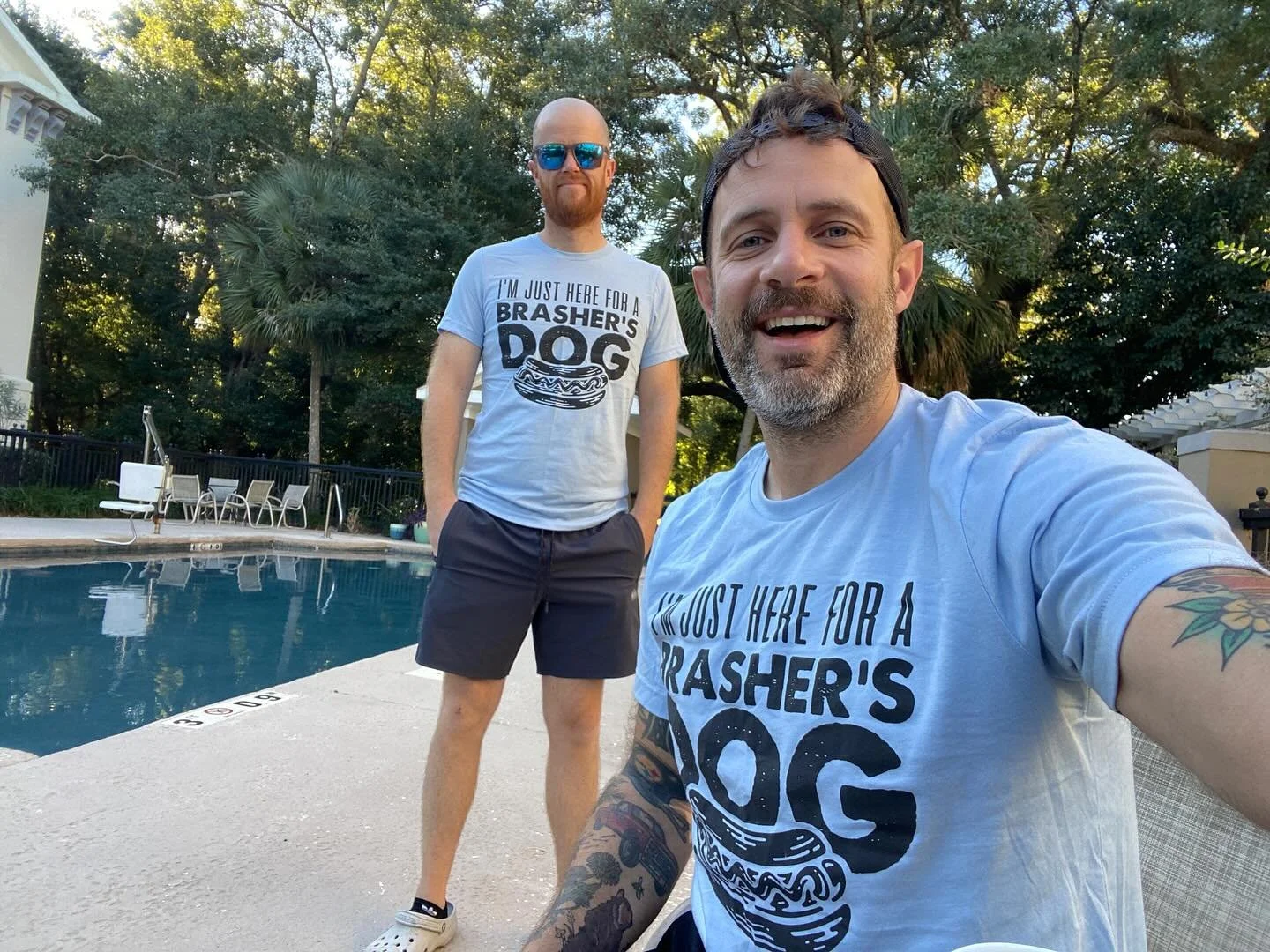 BREAKING: Midwestern men drive to Florida and exit hotel wearing matching hotdog shirts. Will attend Joe Stamm Bandless show at @dociesdock tonight.

#florida