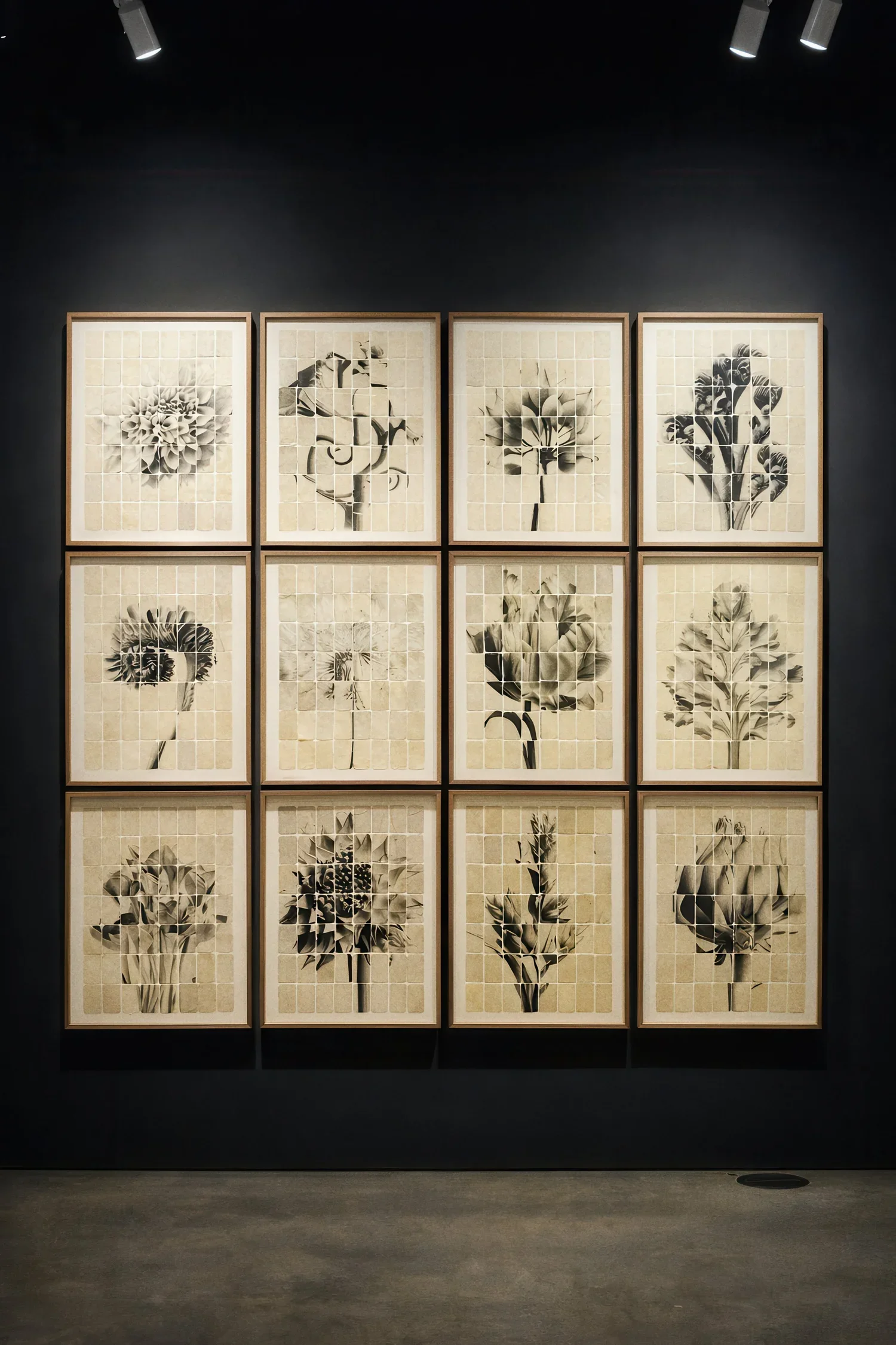 Installation view of twelve framed floral photographs arranged in three rows on a dark wall.
