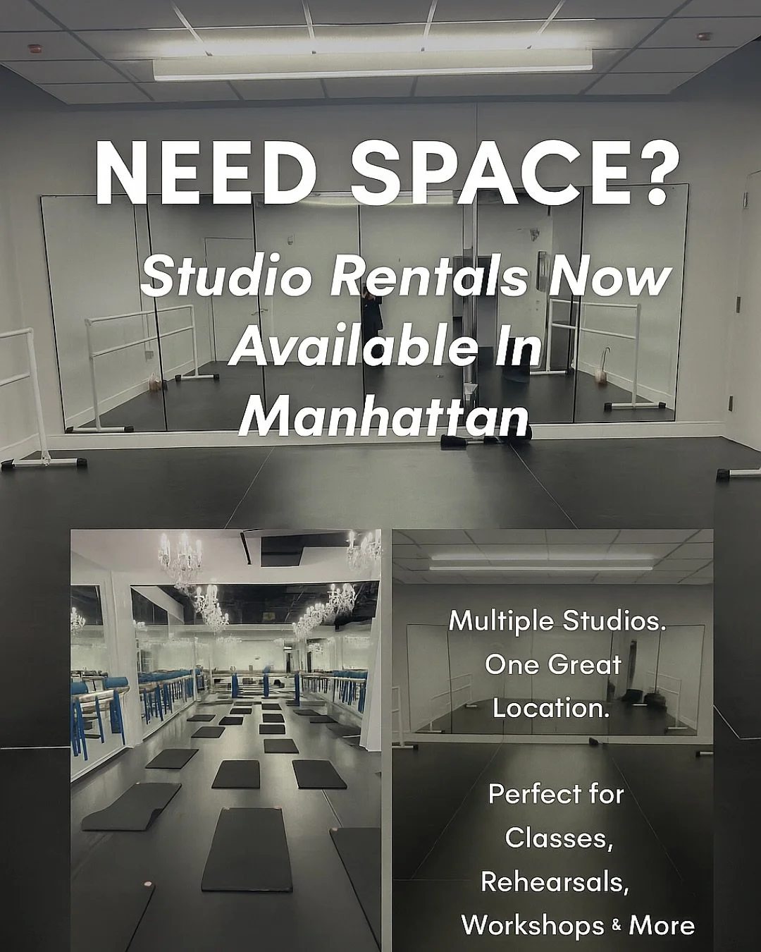 Now booking studio rentals in the heart of Manhattan!
Whether you teach dance, lead a fitness class, host private sessions, or need a space for meetings or workshops &mdash; our professional studios are ready for you.  #NYCStudioRental #UES #UpperEas