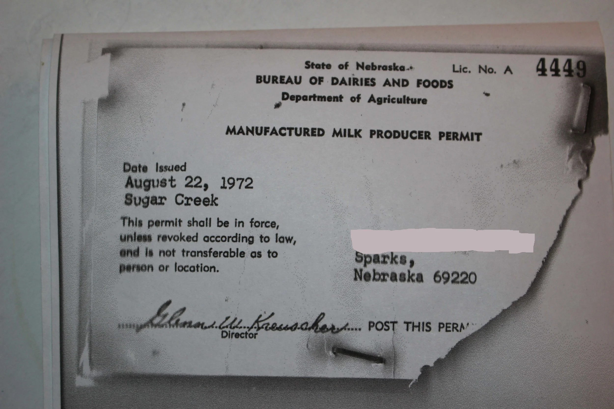 A copy of the milk permit which inspired my business name. This hangs in my office by my folders where I keep project work, magazine requests, client orders etc. The family has the original.
