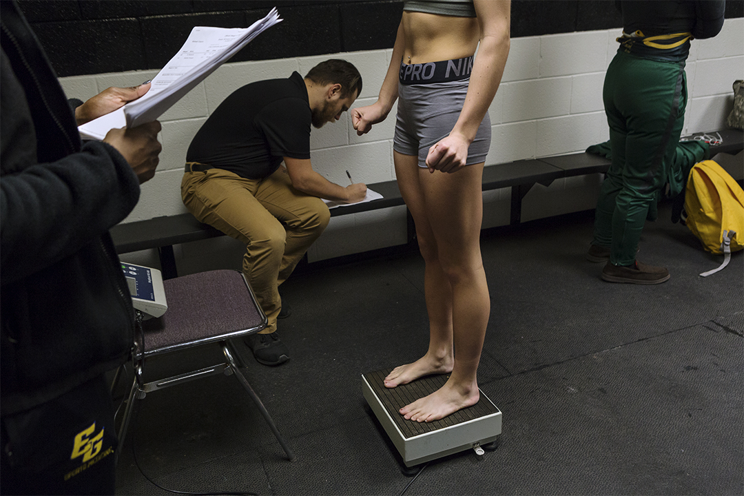  Wrestlers weigh in before the inaugural NCHSAA women’s wrestling invitational in Greensboro, NC on February 2, 2019. (For ESPN) 