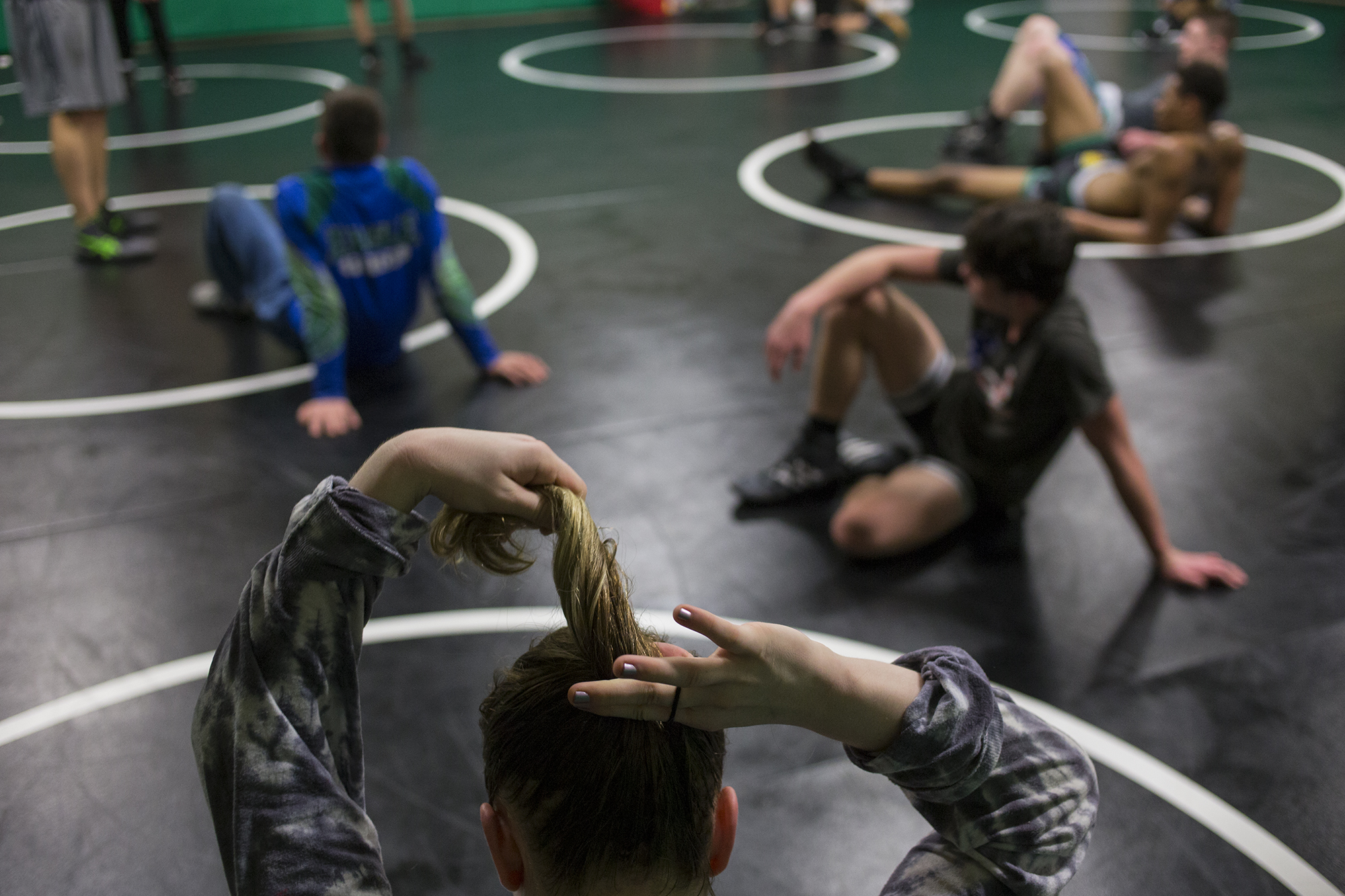  Heaven Fitch fixes her hair during practice at Uwharrie Charter Academy on January 24, 2019 in Asheboro, NC. (For ESPN) 