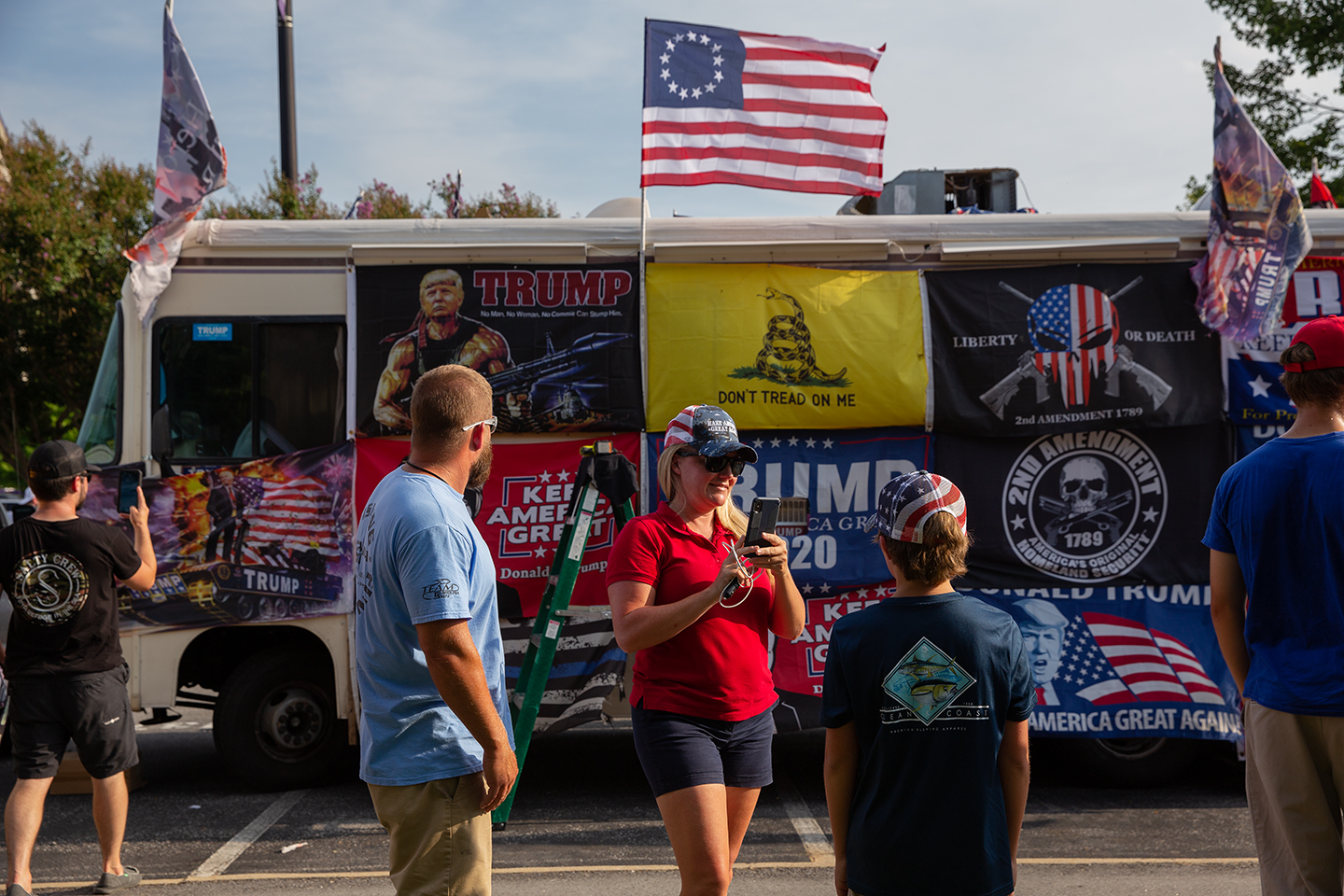  Trump supporters congregate outside Williams Arena on East Carolina University's campus on July 17, 2019 in Greenville, NC. The "Send her back!" chant—referring to Rep. Ilhan Omar—debuted at this rally. (For The Atlantic) 