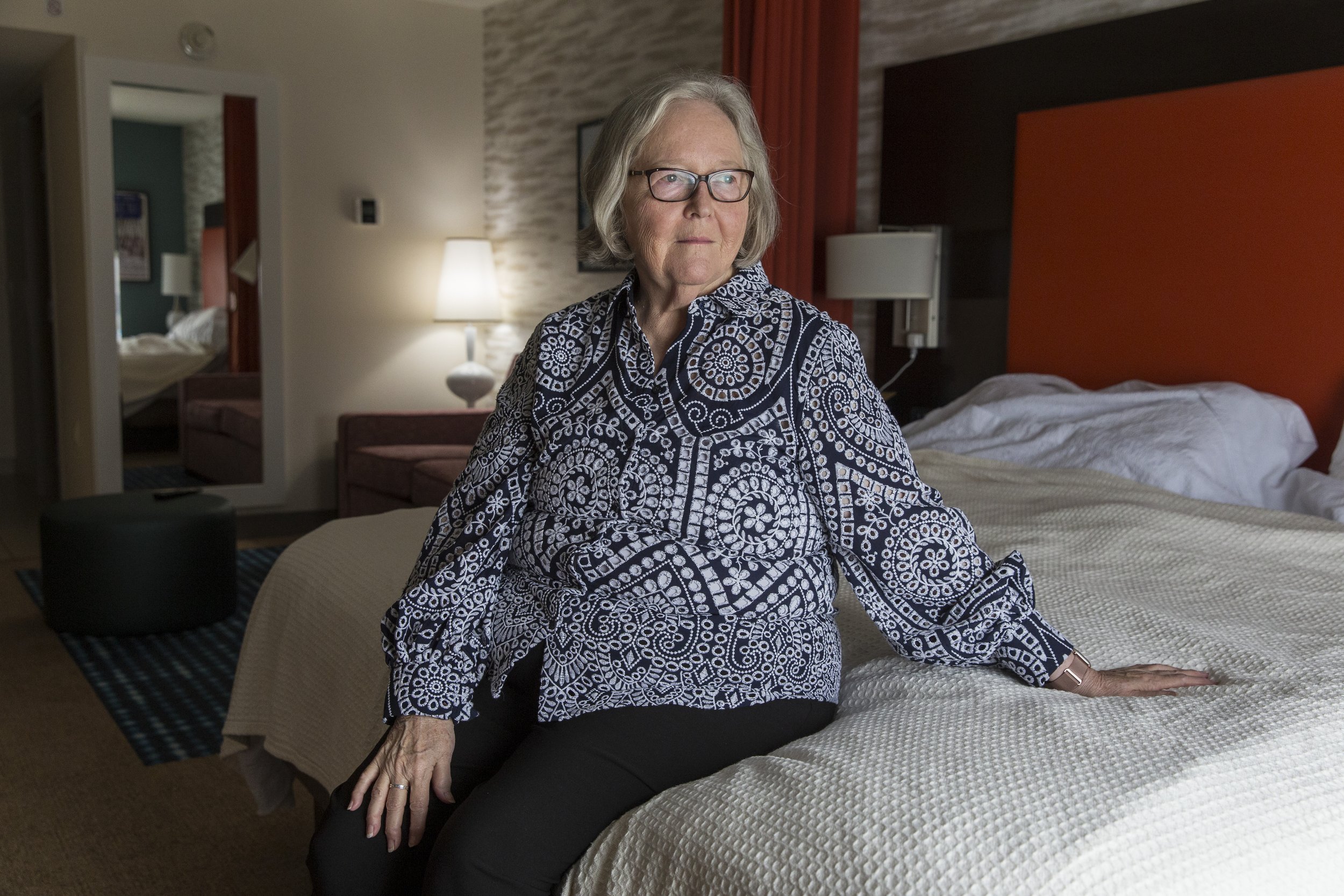  Jeri Kozobarich sits in her hotel room in Jacksonville, NC on Tuesday, July 18, 2023. (Rachel Jessen for NBC News) 
