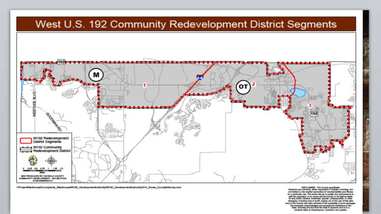 Osceola County's W192 Development Authority votes Wednesday on a plan to divide the district into eight zones and prioritize spending among them. The Margaritaville area (M) and the Old Town district (OT) are contenders for capital investment.
