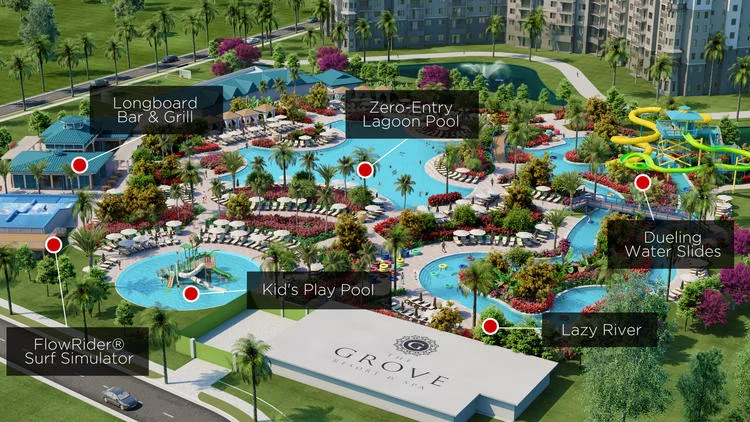A rendering of the seven-acre swimming pool and amenities area at The Grove Resort & Spa, to include a FlowRider surf simulator, zero-entry lagoon pool, lazy river and dueling water slides.