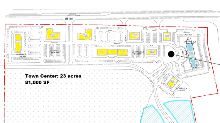 The 23 acres on the northern end of the parcel, fronting on U.S. 192, are already permitted to allow retail development, including a hotel site (in blue.) (Osceola County - color added)