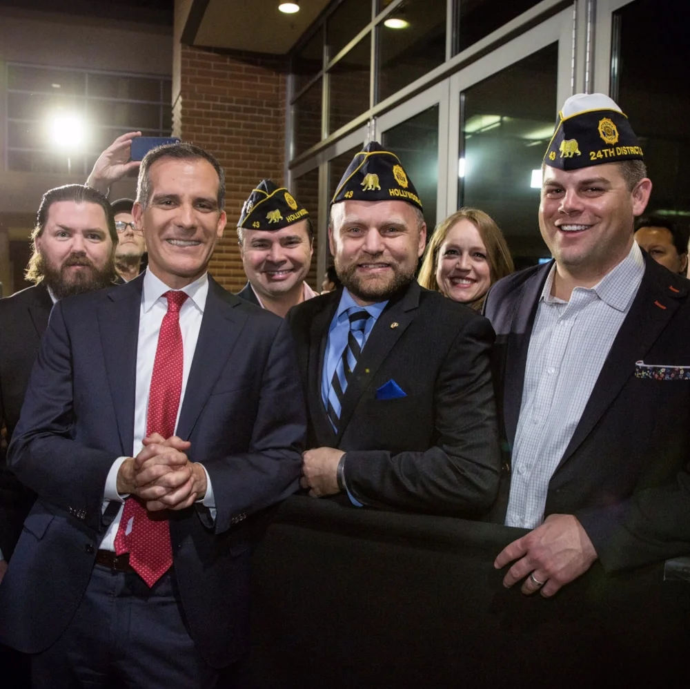 Incoming Post 43 member, J.C. Goetz, 1st Vice Cmdr., Fernando Rivero, 2nd Vice Cmdr. Michael Hjelmstad, Aux. Unit 43 member Jocelyn Rivero, and Post 43 Board of Trustees member and 24th District Adjutant, Peter Liszowski with Los Angeles Mayor Eric Garcetti, March 7, 2017. (Photo by Jon Endow )