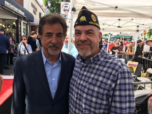 Post 43's Honorary Colonel for 2017, actor Joe Mantegna with Post 43 member, Milan Morgan at the Hollywood Walk of Fame unveiling ceremony for actor and philanthropist, Gary Sinise.