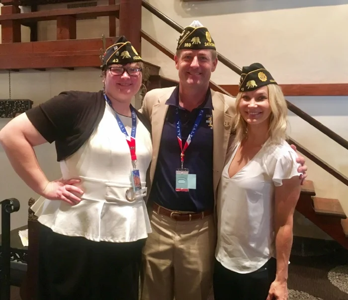 Post 43 Executive Committee officers Jennifer Crandall and Jennifer Campbell pictured with outgoing commander of the 24th District, Scott Wagenseller at Department convention in Riverside.