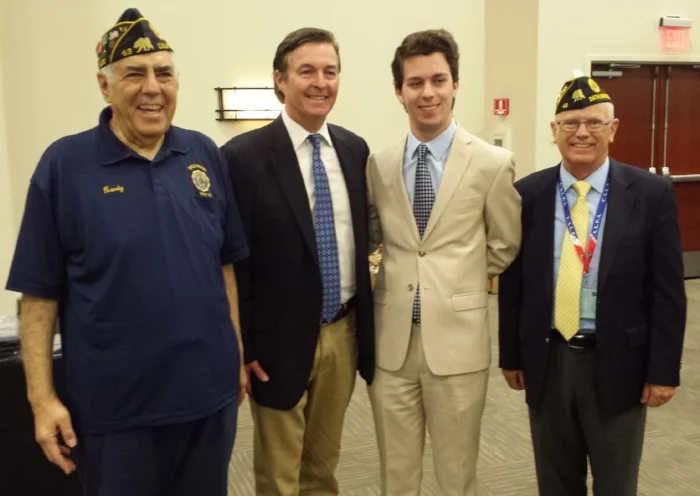 Department of California American Legion High School Oratorical Contest Winner Ryan Wallace poses with his father at the Department's 99th Convention in Riverside June 24, 2017 together with Post 43 Oratorical Chair/Area & National Judge Randy Kahn and Area 6 Oratorical Commissioner David Gibson. Wallace went on to finish in the top nine in the Nationals and won more than $11,000 total in cash and college scholarships. This was Wallace's third year competing. He received a standing ovation from the convention delegates. The High School Oratorical Contest is a highly competitive patriotic speech contest on topics relating to the United States Constitution.