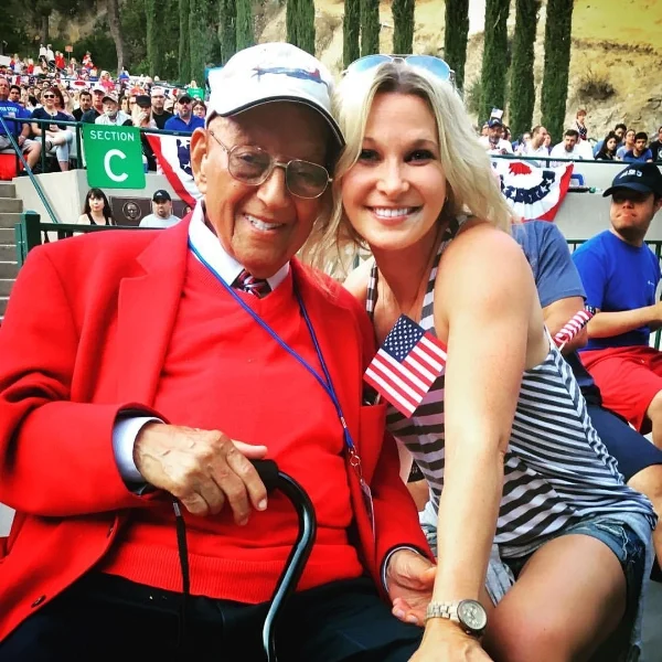 Post 43 Second Vice Commander, Jennifer Campbell with Lt. Col. Robert (Bob) J. Friend at the Starlight Bowl in Burbank, Calif. July 4, 2017. Friend, 97, is one of the surviving Tuskegee Airmen known as the Red Tails.