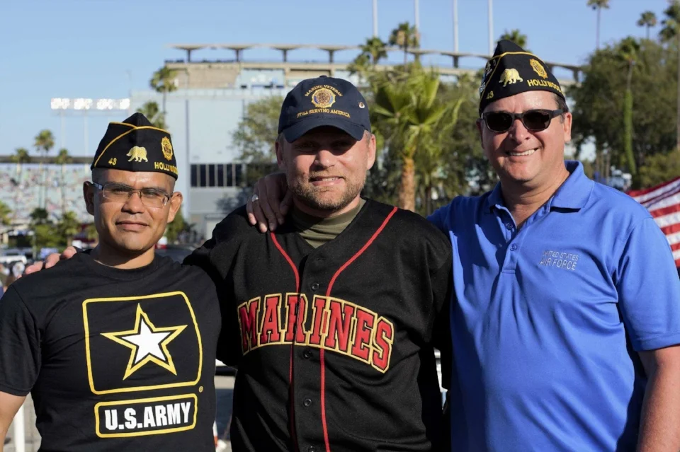 Post 43 supported 50 Star Productions and The Vet Hunters Project at Dodger Stadium on July 4, 2017, participating in the on-field flag presentation for the National Anthem! From L to R: Charles Chavez , Michael Hjelmstad and James Gill