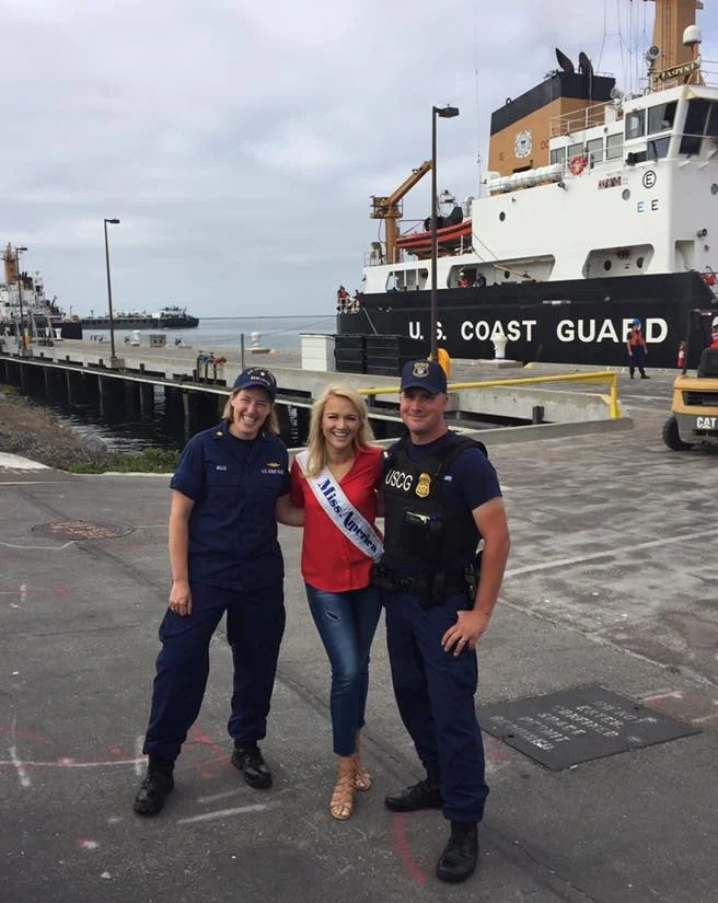 2017 Miss America Savannah Shield visits with members of U.S. Coast Guard Base Los Angeles-Long Beach, July 21, 2017, San Pedro, Calif. Miss America is visiting different military units all over the United States to show her appreciation for all the service members in the United States military. U.S. Coast Guard photo by Petty Officer 3rd class DaVonte' Marrow.
