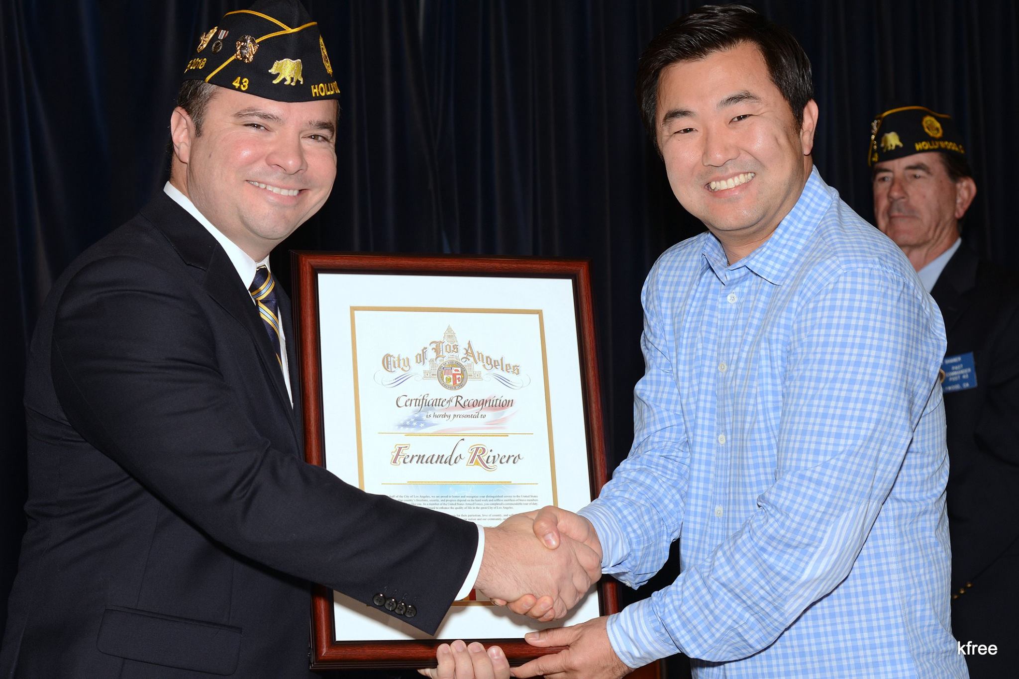  City of Los Angeles Councilmember David Ryu presented a certificate honoring Post 43 commander Fernando Rivero as the Council District 4 Veteran of the Year for 2017. 