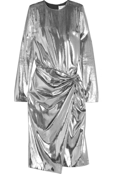 SAINT LAURENT Gathered metallic velvet midi dress.jpg