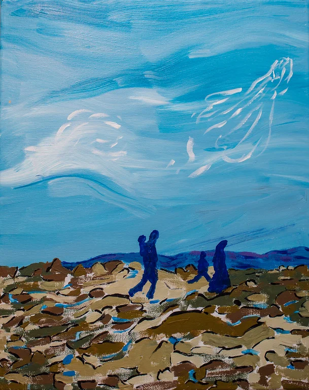 May angels protect you on your journey to safety 20”X16” acrylic on canvas Using the middle Eastern theme of angels, a prayer for the safety of the refugees.