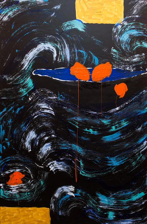 Trip to Lesbos 3’X2’ acrylic on canvas A depiction of the treacherous trip across the water using imagery found in Persian Miniatures.