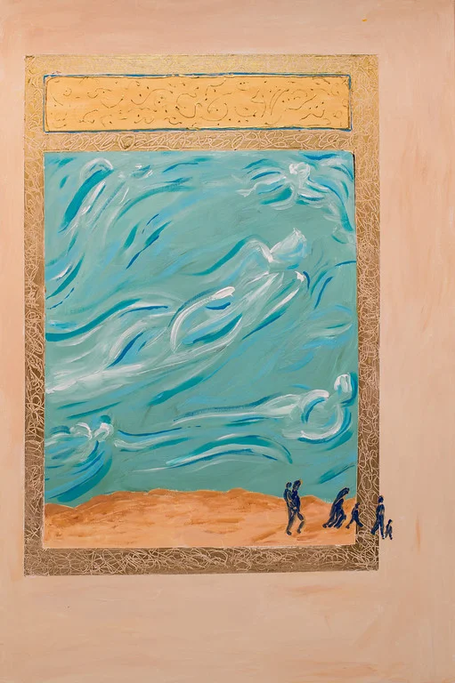 May angels protect you on your journey to safety #2 3’X2’ The journey on foot with Persian miniature references.