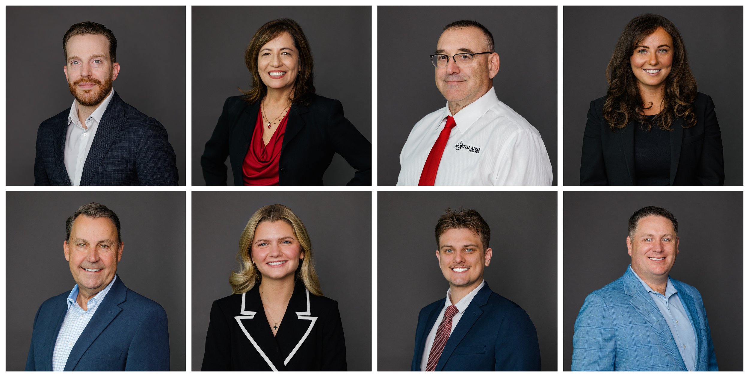 Collage of eight professional headshots against a gray background, featuring men and women in business attire.