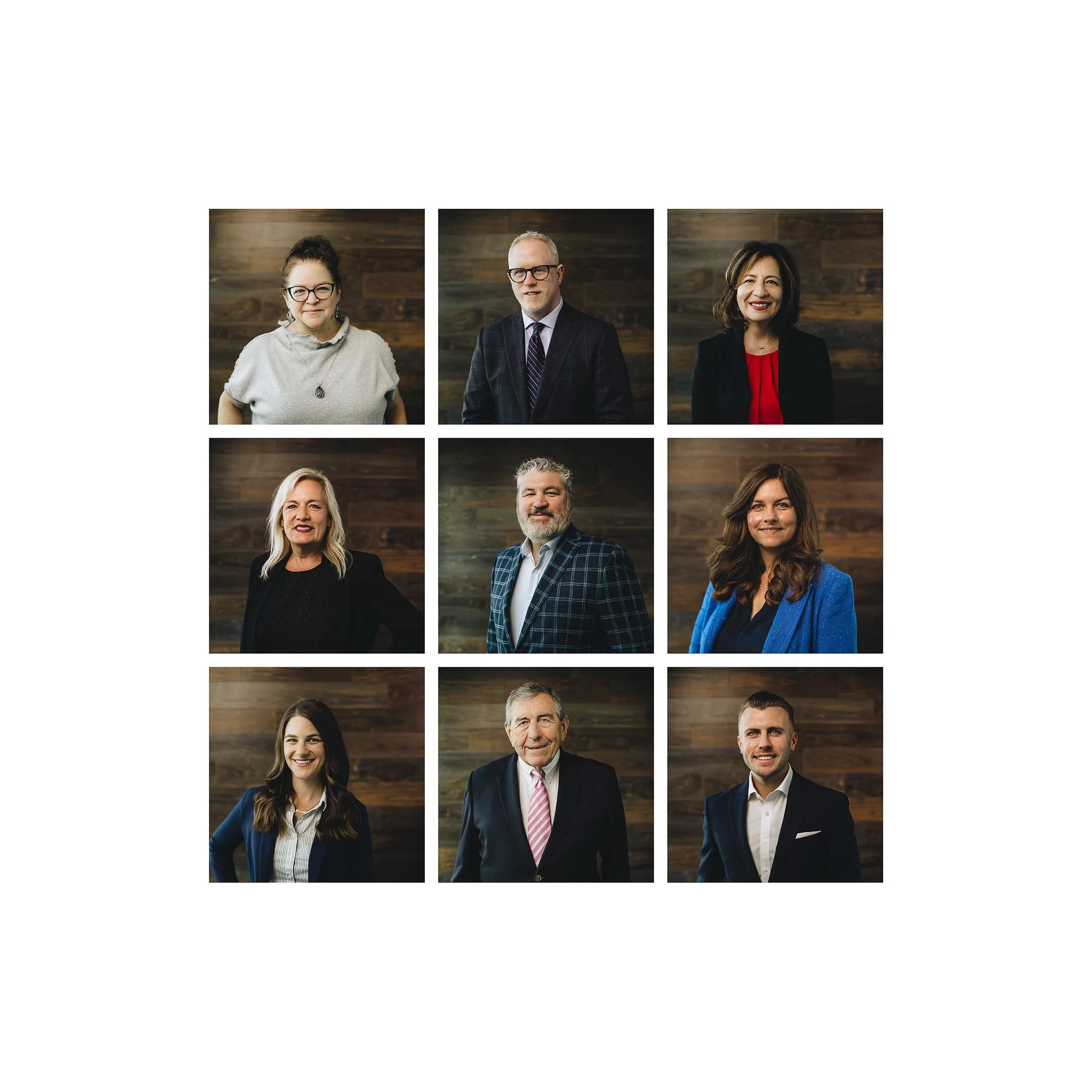 Grid of nine professional headshots of diverse individuals, three rows and three columns, with dark wooden backgrounds.
