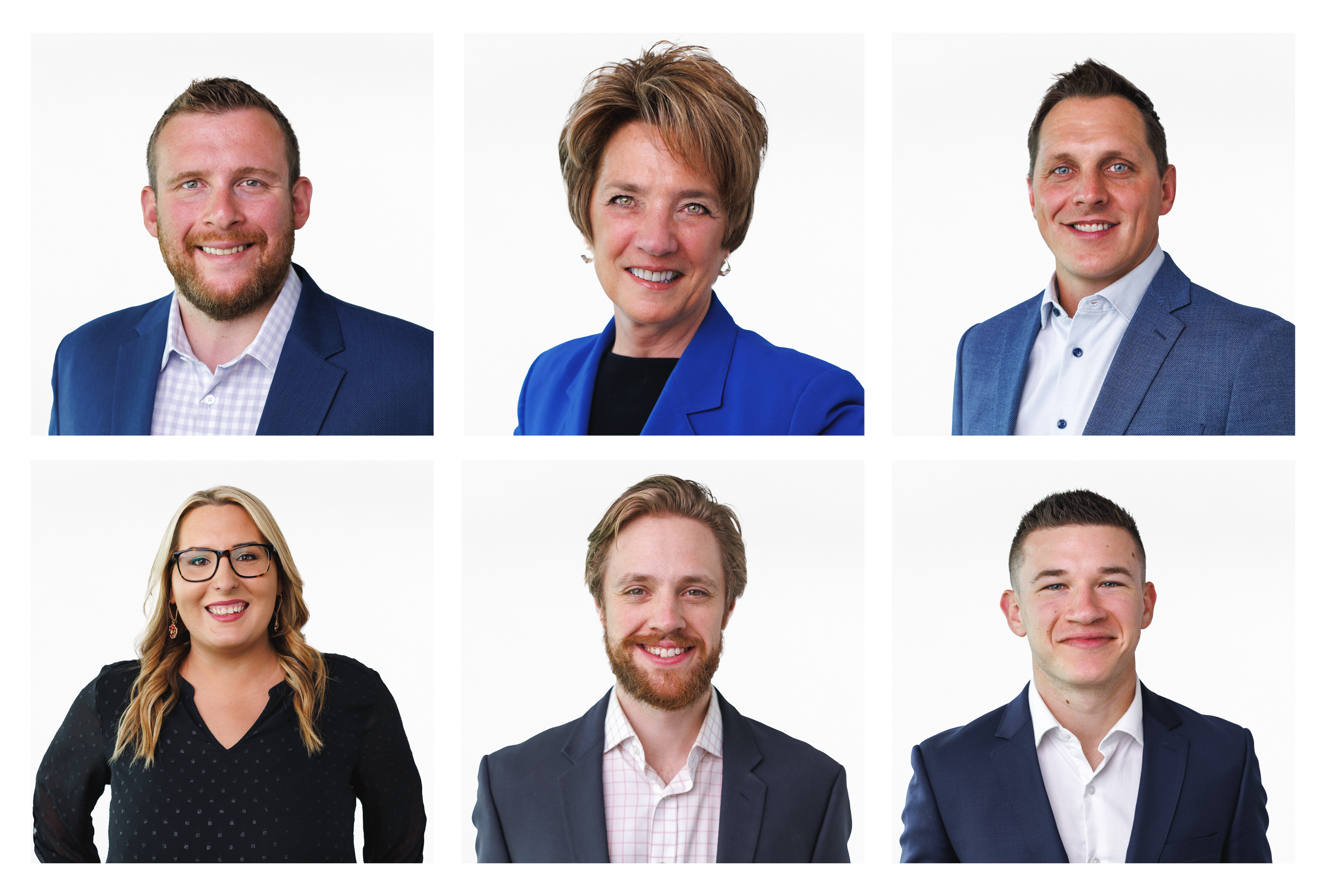 Six professional headshots of diverse men and women in business attire against white backgrounds, arranged in a 2x3 grid.