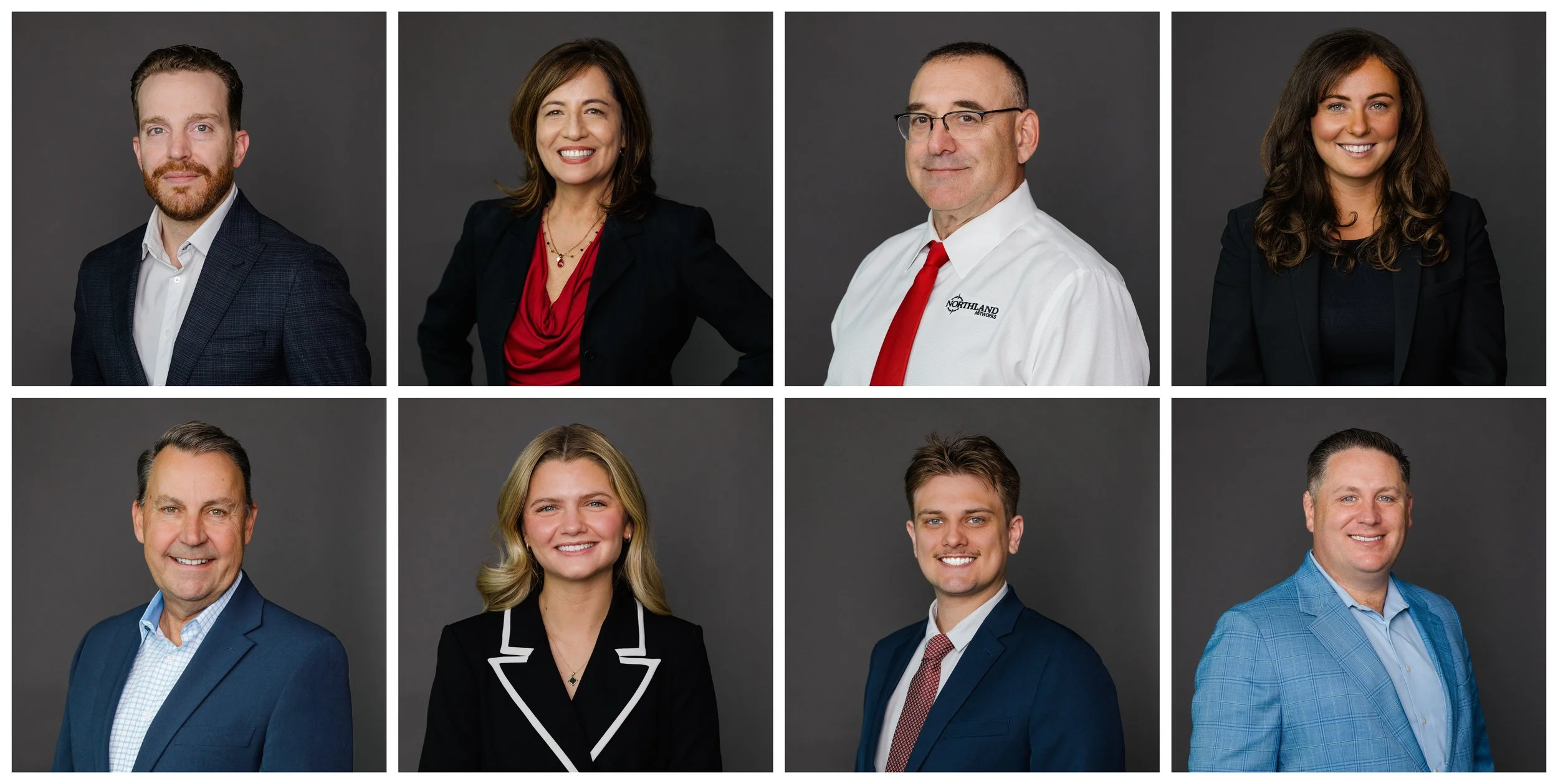 Collage of eight professional headshots of men and women in business attire against gray background.