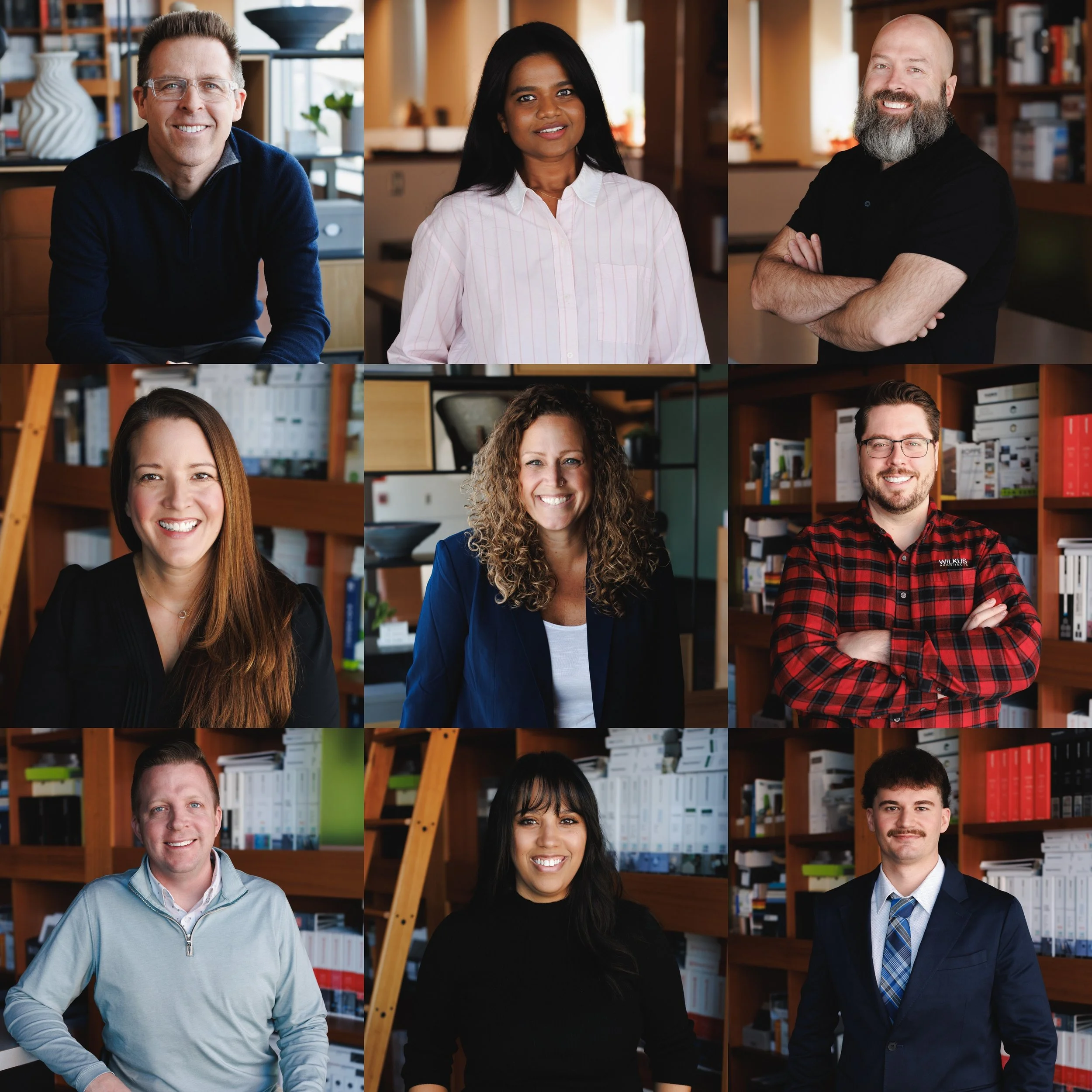 A collage of nine diverse professionals in an office setting, smiling at the camera.