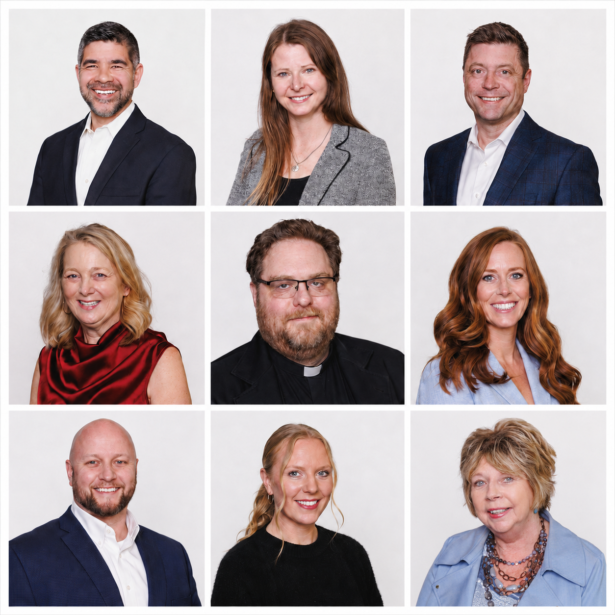 A collage of nine professional headshots featuring diverse men and women in business attire, smiling against a plain light background.