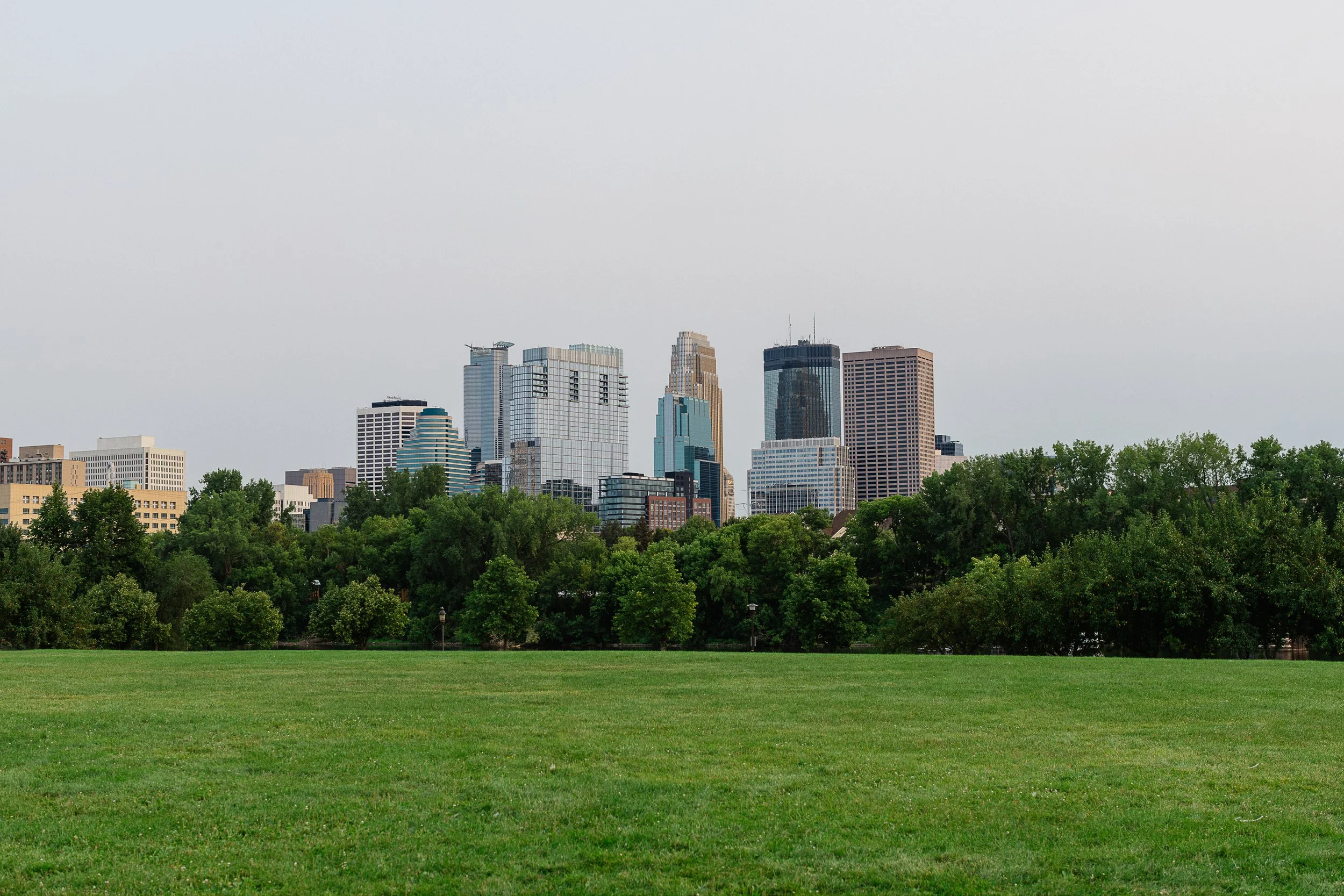 City skyline with tall modern buildings seen from a green park under an overcast sky.