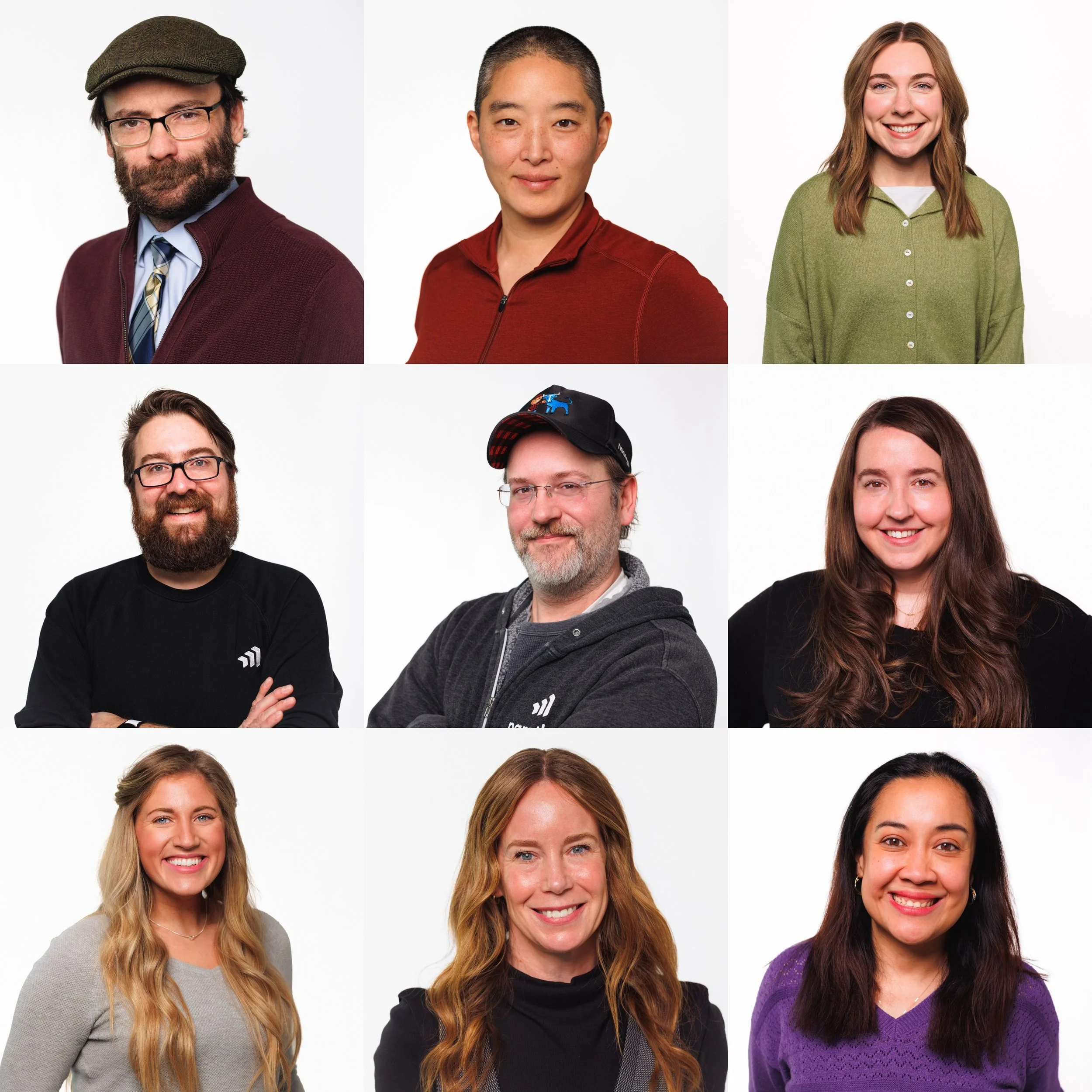 Collage of nine headshots of diverse people with different backgrounds and smiles