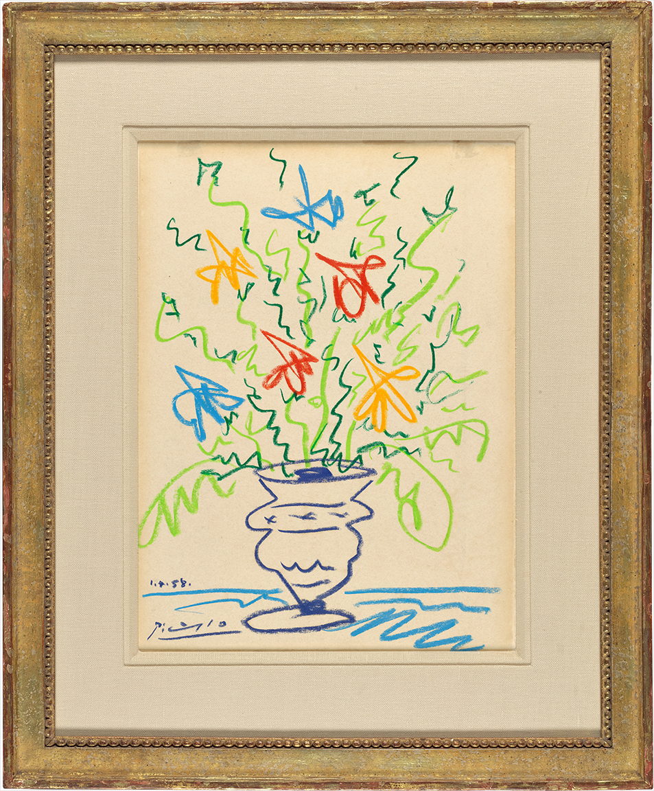 Pablo Picasso (Spanish) embellished this lithograph of a flower vase (ca. 1958) with autograph additions in crayon.