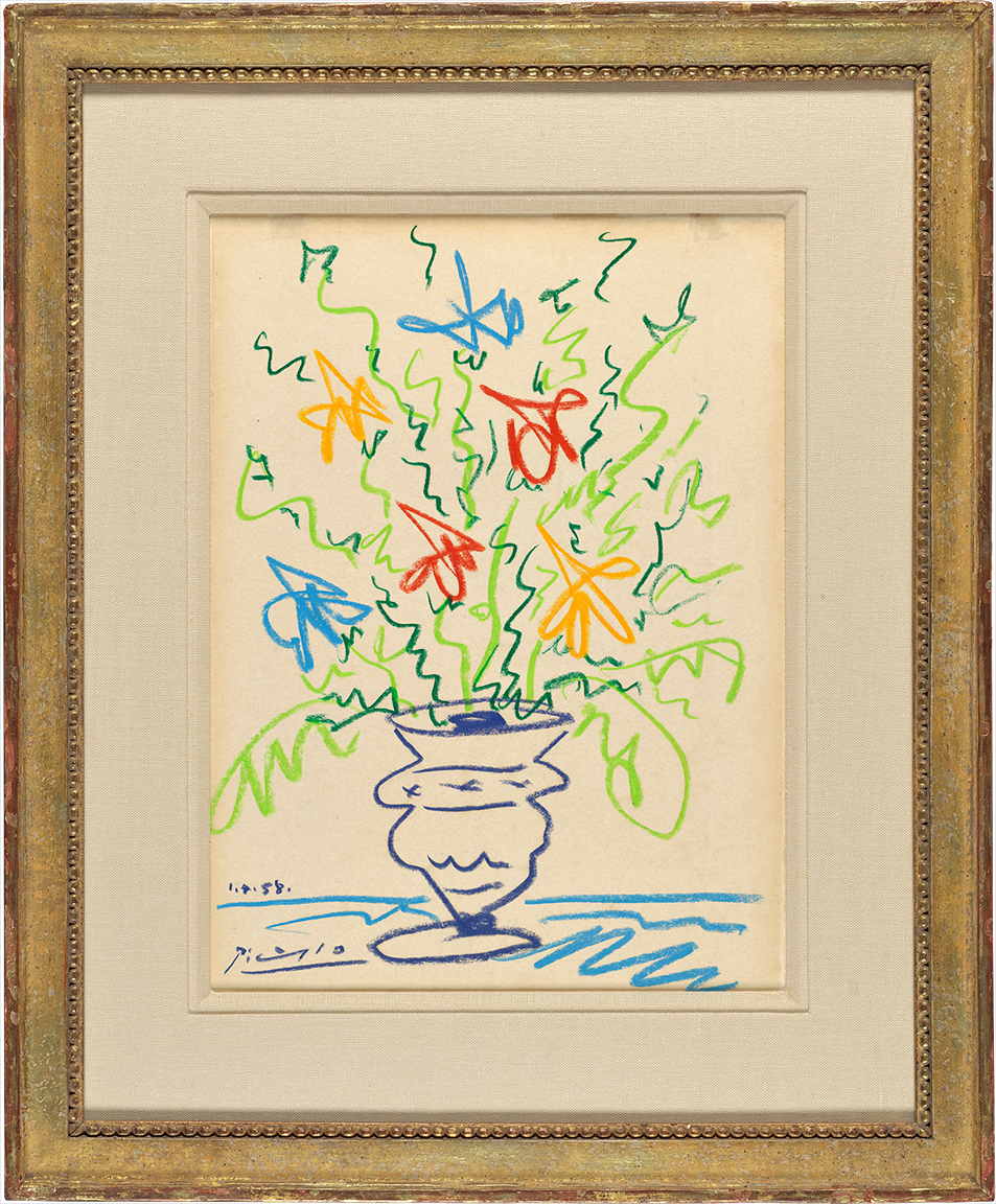   Pablo Picasso (Spanish) embellished this lithograph of a flower vase (ca. 1958) with autograph additions in crayon.  