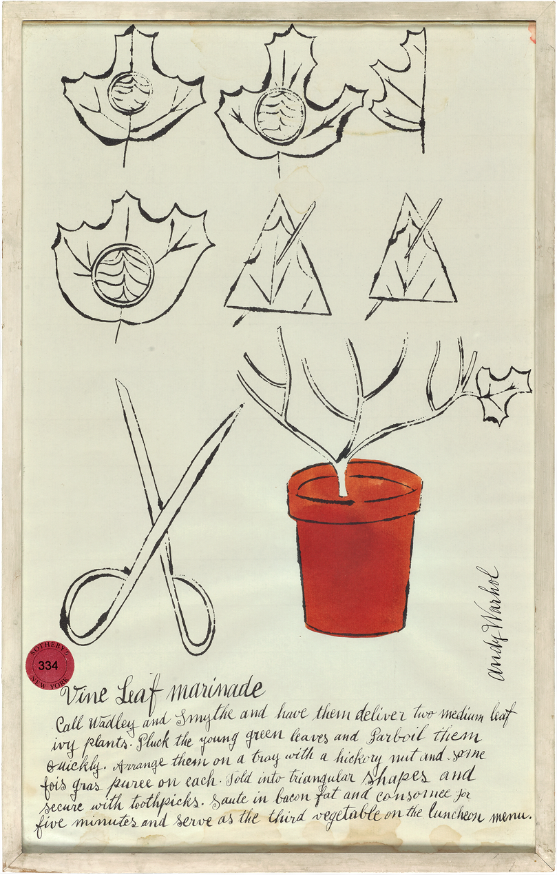   Andy Warhol (American) appended a handwritten recipe to the bottom of this drawing of a grape leaf.  Vine Leaf Marinade , ca. 1955.&nbsp;  