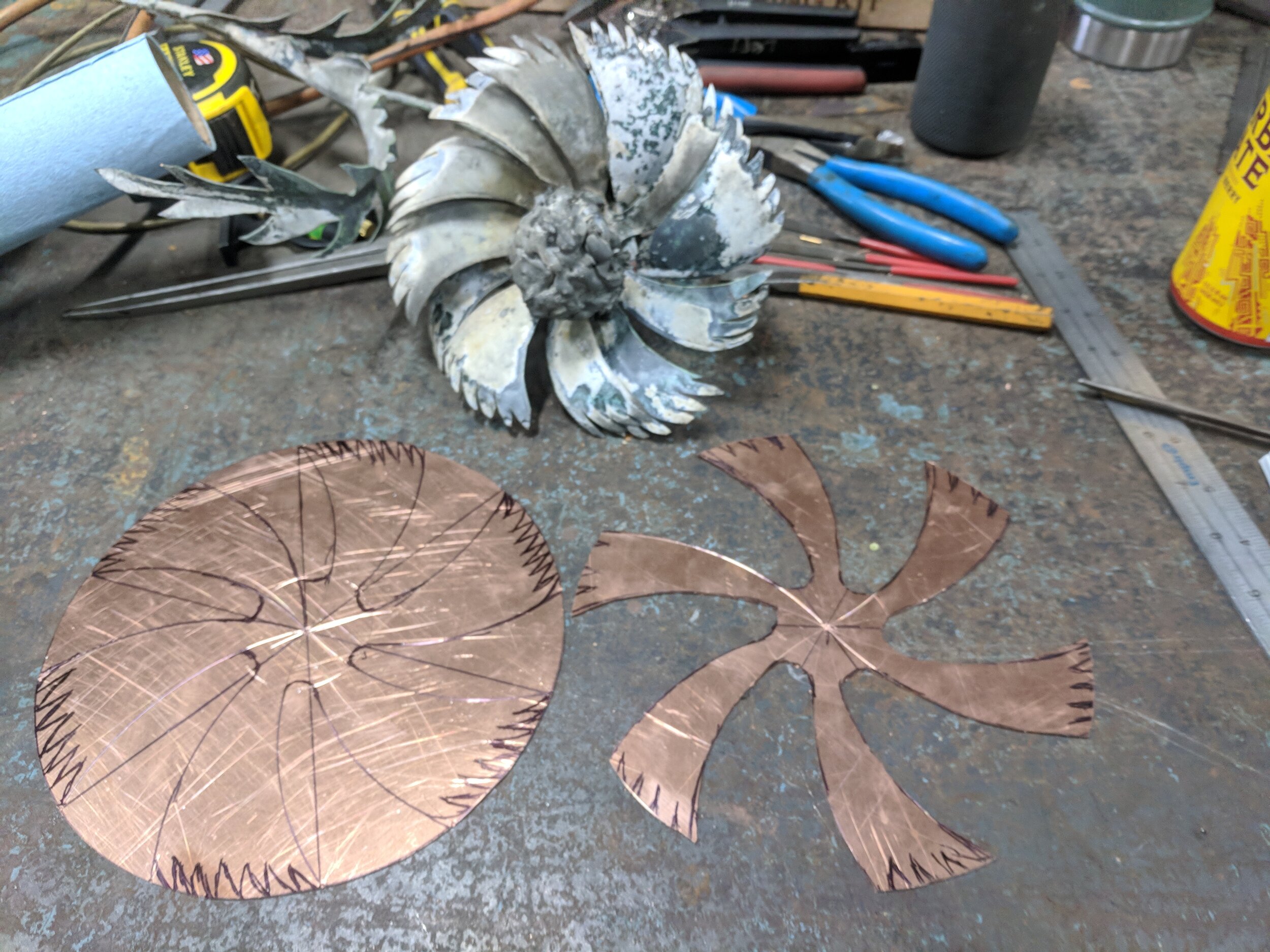  A layout process for creating the replica. Drew Reynolds wrote, “For each piece I had to translate the each part from the three dimensional form back to flat copper. It requires a lot of measuring and a near equal amount of estimation and sketching.