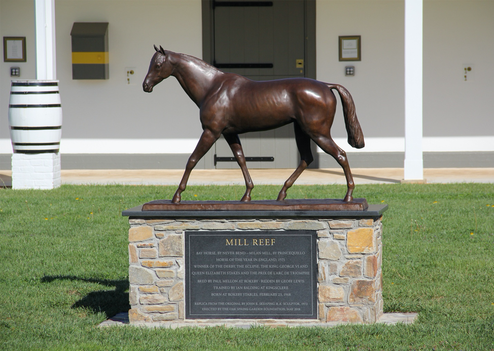  A statue of Mill Reef, Paul Mellon’s most successful thoroughbred, once stood in the courtyard of the Broodmare Barn, before being donated in 2015 to the Royal Veterinary College, following Mr. Mellon’s wishes. To preserve the value of original cast
