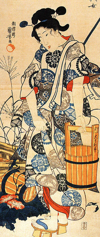 A woodcut by Utagawa Kuniyoshi illustrating Chiyo-ni’s famous haiku, Morning Glory. Public Domain.