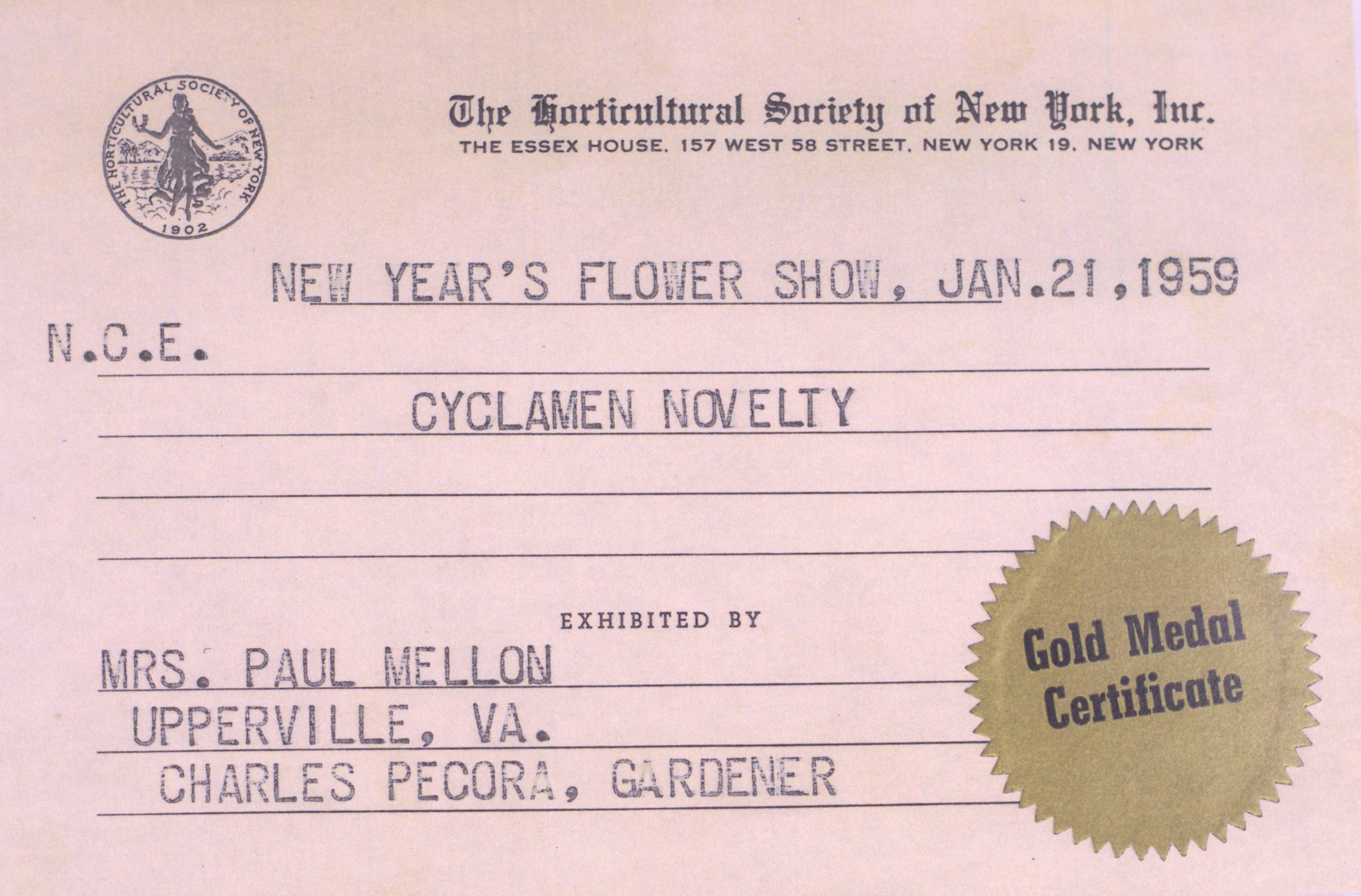  Gold Medal Certificate received by Bunny Mellon for her entry into the New York Flower Show in 1959. 