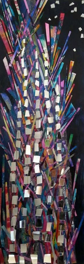 Skyscraper, Acrylic, mirror, paper, watercolor on wood panel, 12"x36"