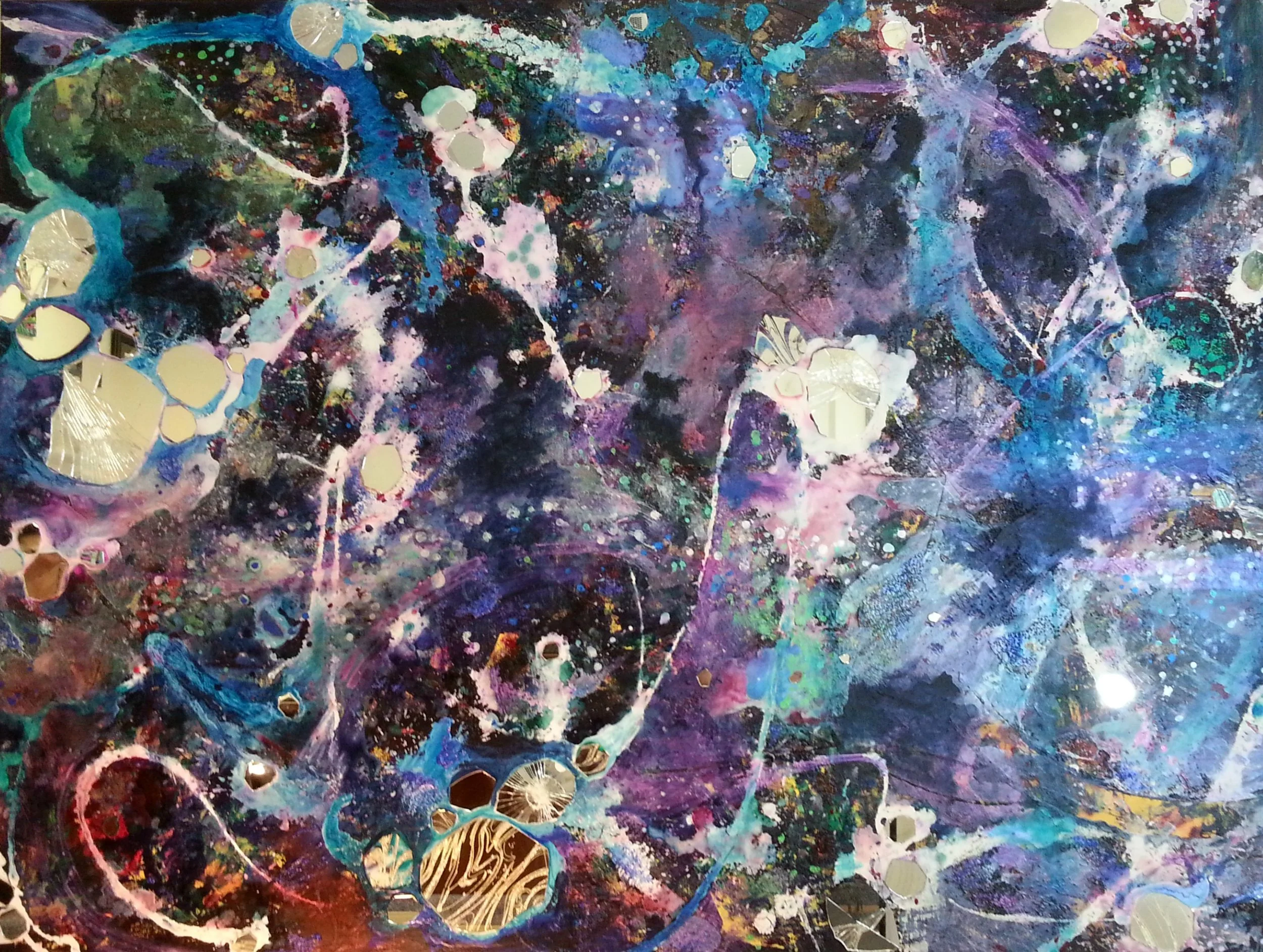 Stellar , Acrylic, mirror, paper, watercolor on canvas, 36"x48"