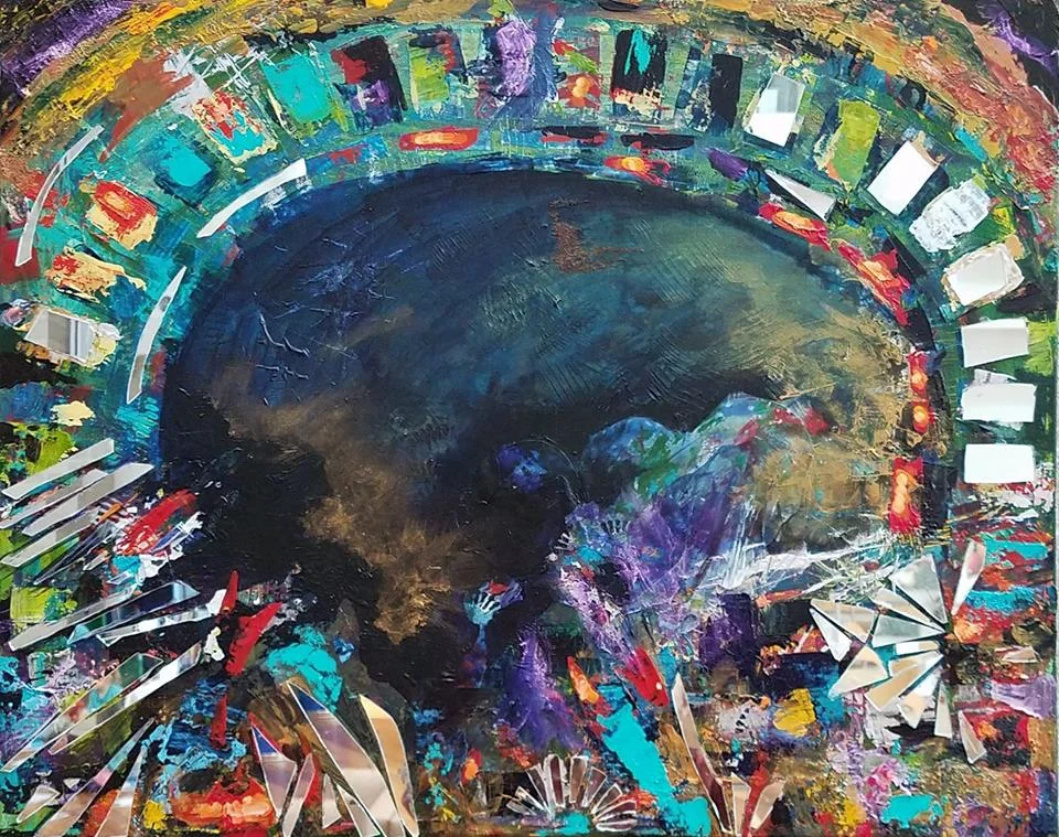 Deep Blue Home, mixed media with mirror, 24x30