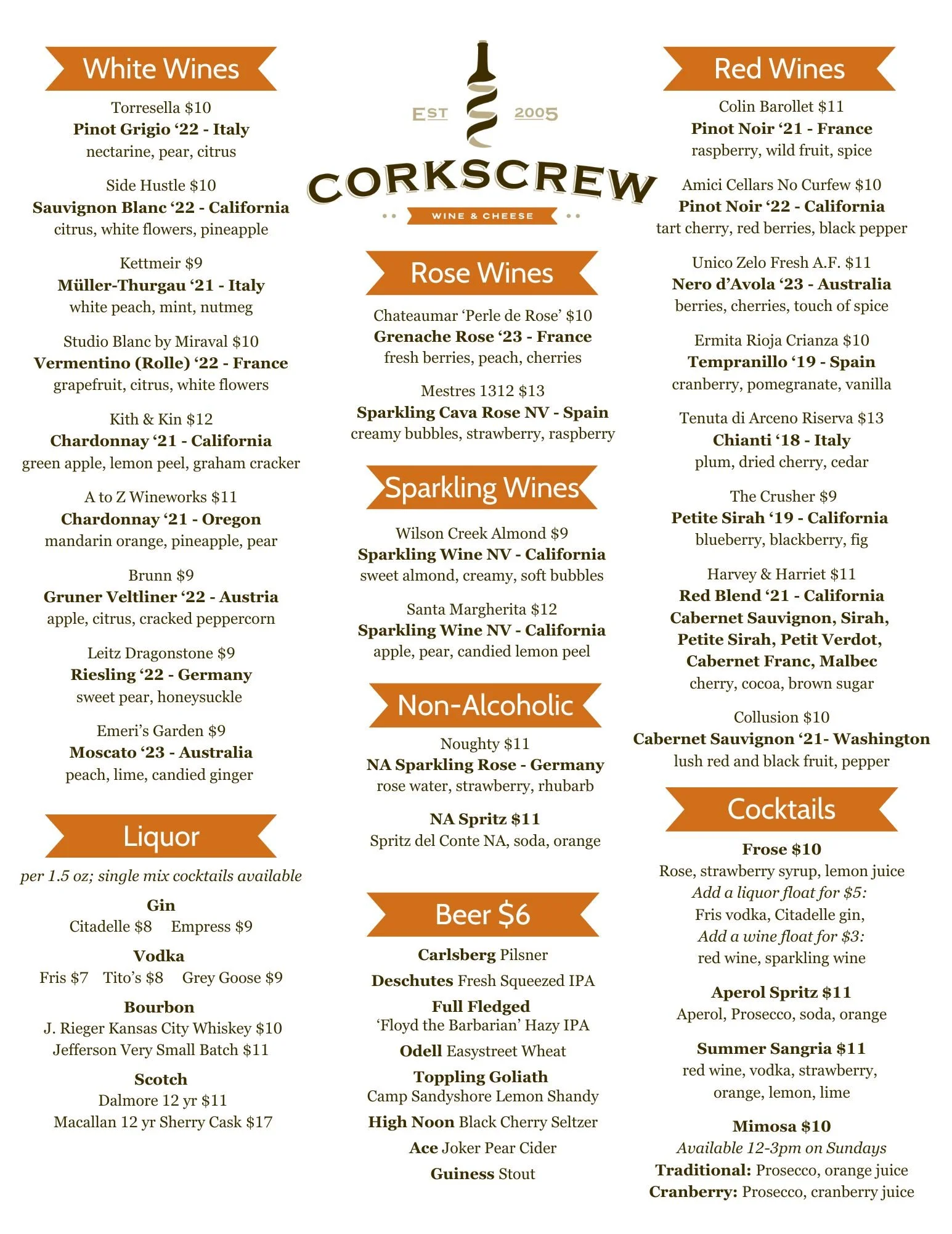 Rockbrook Drink & Food Menu — Corkscrew Wine & Cheese