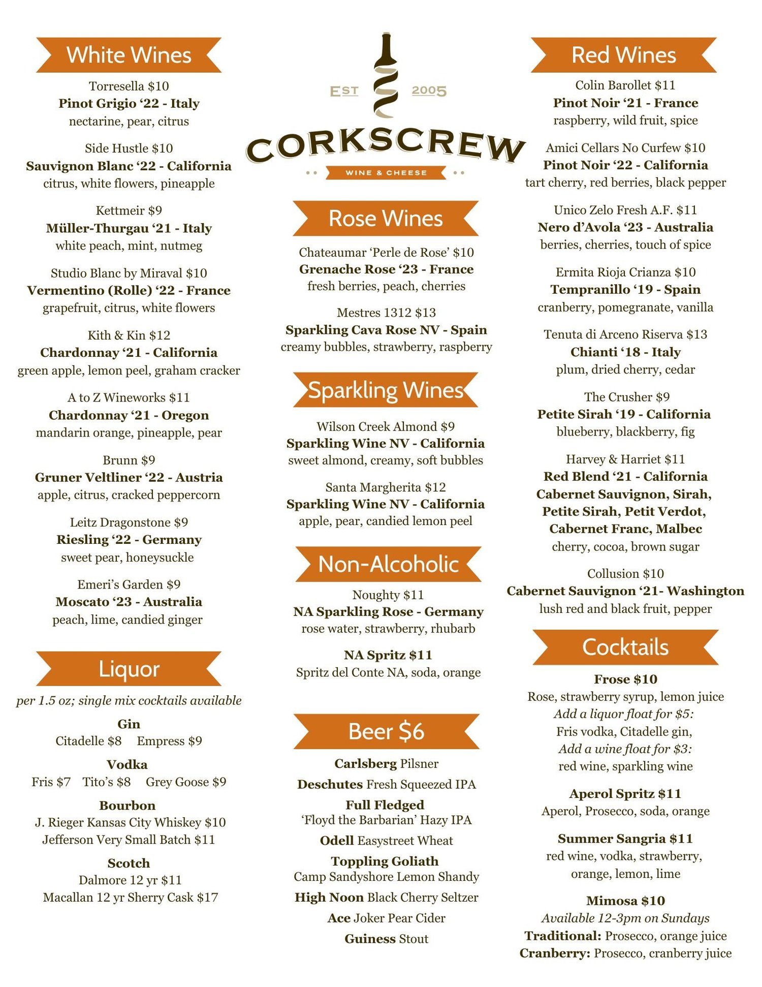 Rockbrook Drink & Food Menu — Corkscrew Wine & Cheese