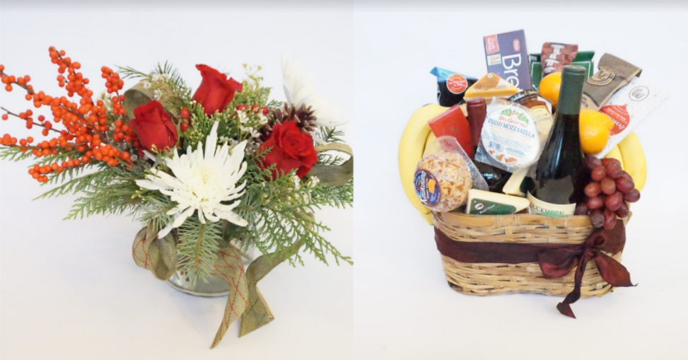 The large basket is loaded with the two bottles of wine, two salamis, two boxes of crackers, four cheese wedges, then lots of fresh fruit including apples, bananas, grapes and clementines, fresh mozzarella, table crackers, gourmet chocolate bars, pistachios, cookies and gourmet pepper jam.