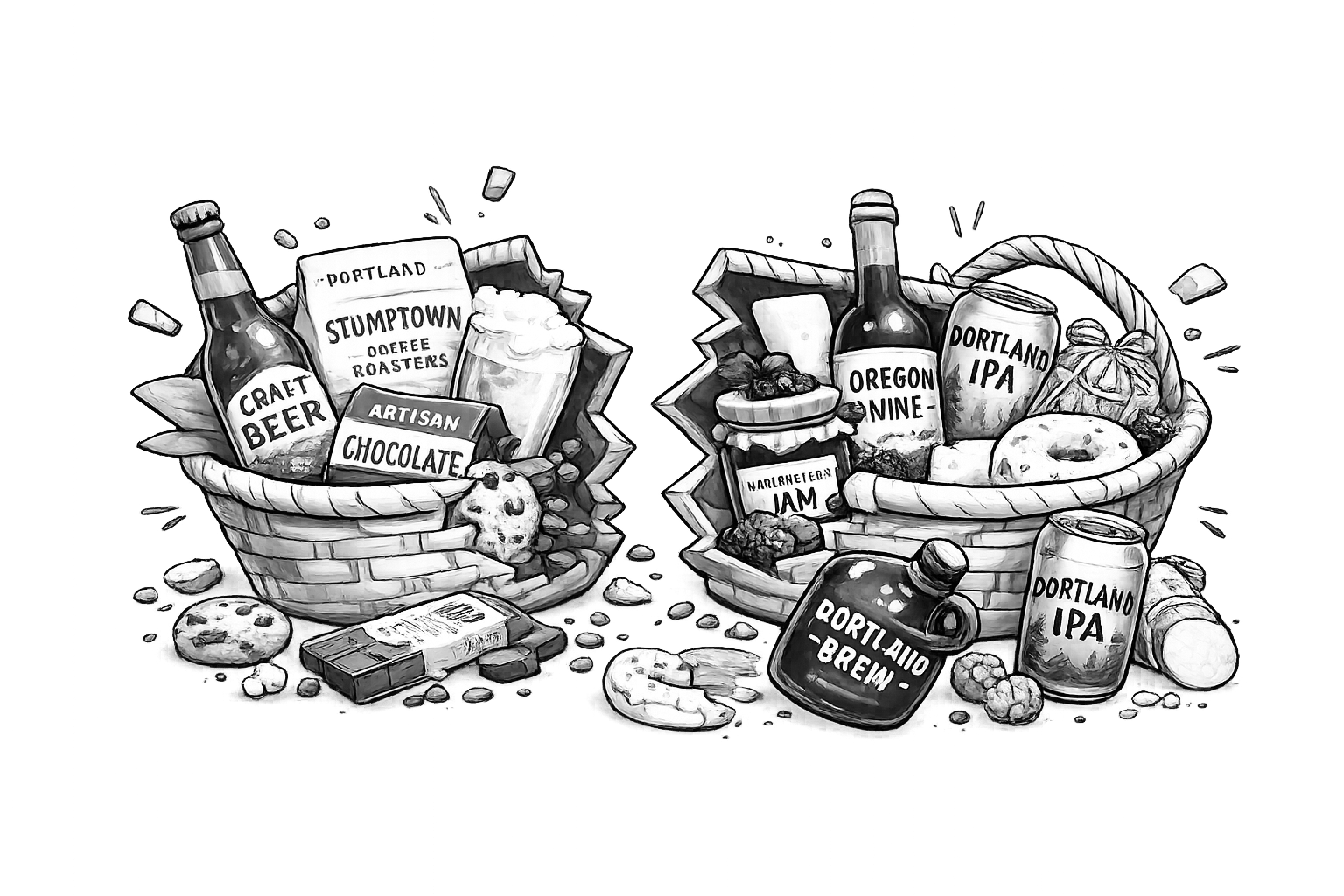 Two baskets filled with snacks and beverages, including craft beer, Oregon IPA, Portland Stumptown coffee, artisan chocolate, jam, cookies, crackers, and shelled nuts, with scattered snacks around.