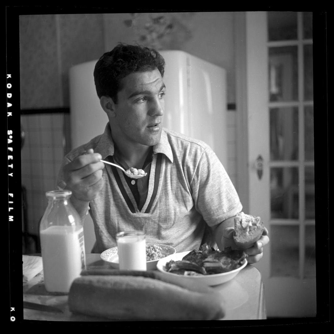 Rocky Marciano having breakfast c.1952 from original 2.25 negative