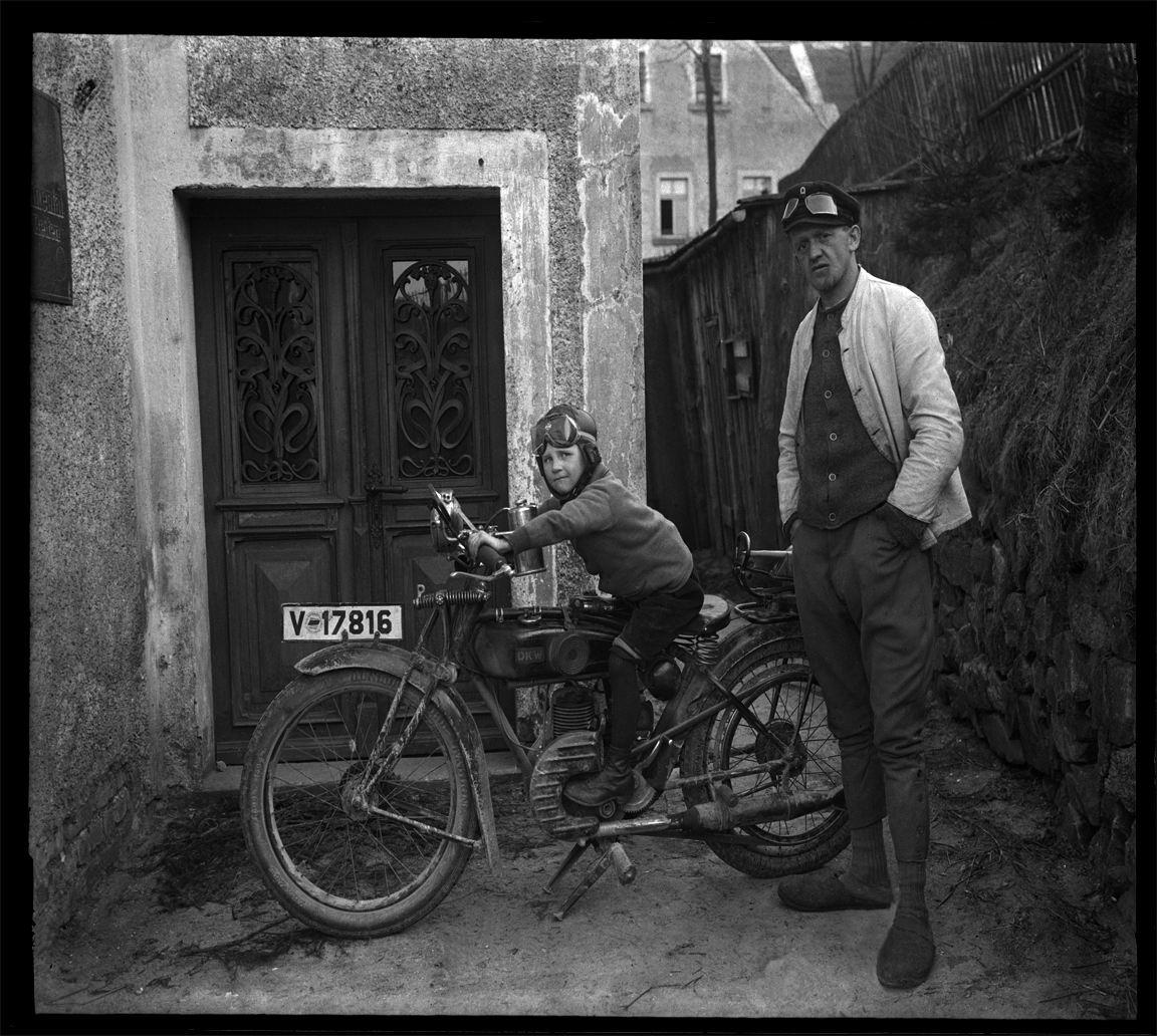 Son on Cycle c.1930 from original 4x5 glass plate negative