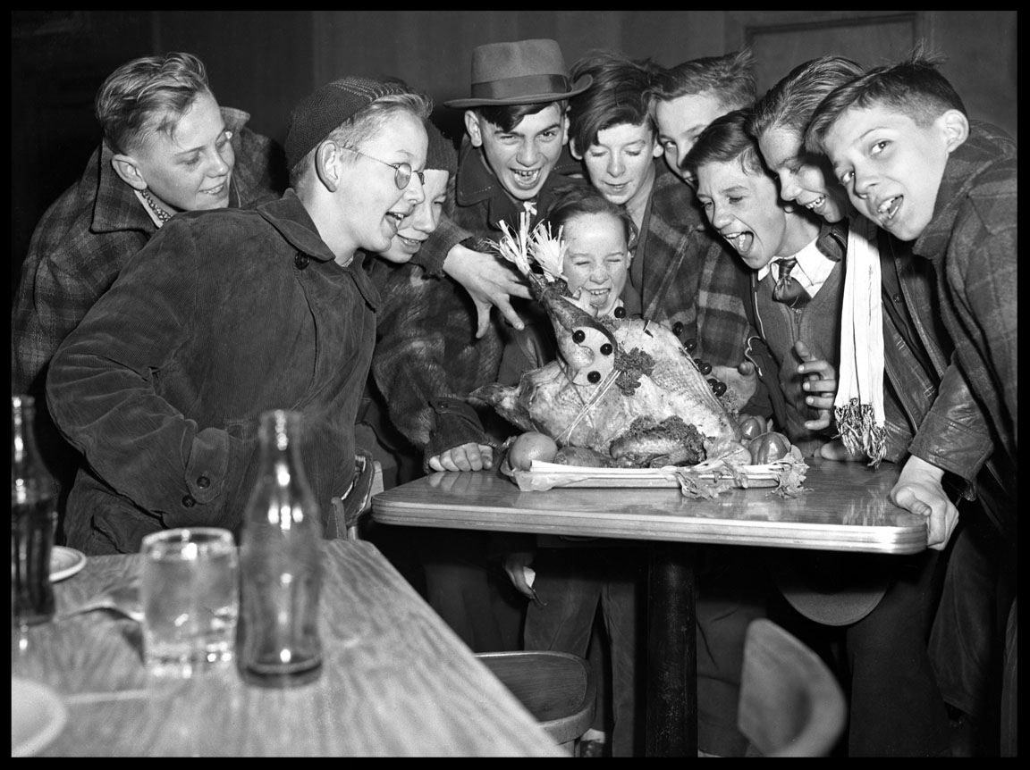 Boys at Thanksgiving Table with Turkey and Coco Cola Bottles c.1945 from original 4x5 negative