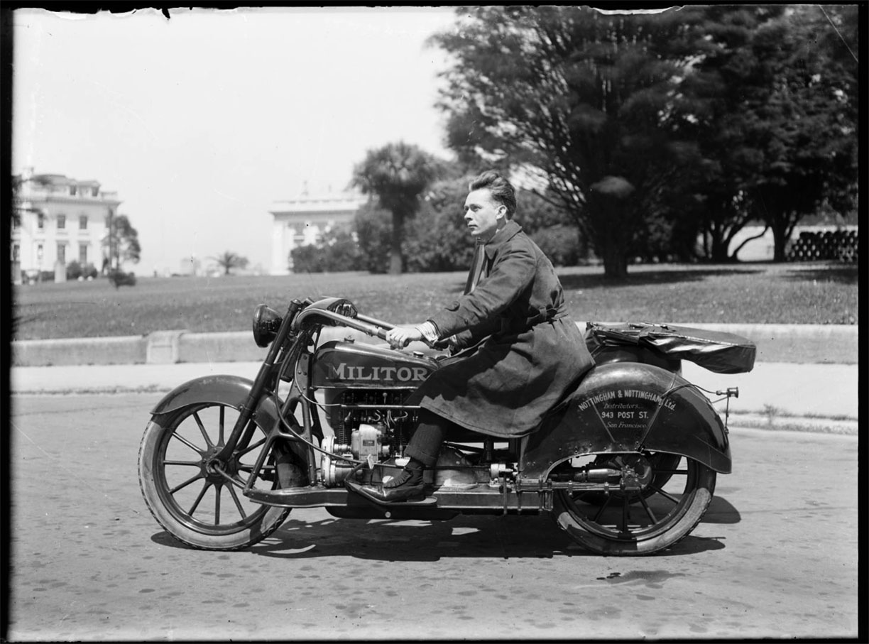 Postman on Militor Motorcycle c.1920 glass plate negative